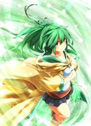 Rule 34 | 1girl, breasts, duel monster, green eyes, green hair, looking at viewer, matching hair/eyes, medium breasts, miniskirt, ponytail, ribbon, skirt, solo, suno-pi, wind, wynn the wind charmer, yu-gi-oh!