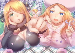 Rule 34 | 2girls, barry (pokemon), blonde hair, blue eyes, blush, bored, breasts, caitlin (pokemon), cg17, cleavage, closed mouth, creatures (company), cynthia (pokemon), from above, fur collar, fur trim, game freak, giant, giantess, green eyes, hair over one eye, hand on own cheek, hand on own face, hat, highres, index finger raised, large breasts, light blush, long hair, looking at viewer, multiple girls, nintendo, open mouth, outdoors, parted bangs, petals, picnic, pointing, pointing at viewer, pokemon, pokemon bw, pokemon dppt, smile, towel