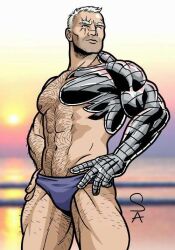 1boy bara beach beard_stubble blue_male_swimwear body_hair cable_(marvel) cleft_chin facial_hair hands_on_own_hips leg_hair male_swimwear marvel missing_eye muscular muscular_male prosthesis prosthetic_arm stubble sunset swim_briefs white_hair x-men xcub