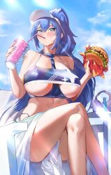 Rule 34 | absurdres, bikini, blue bikini, blue eyes, blue hair, blue sky, blush, breasts, burger, chair, cloud, covered erect nipples, crossed legs, cup, curvy, day, drinking, drinking straw, drinking straw in mouth, food, hair ornament, highres, holding, holding cup, holding food, korean commentary, large breasts, long hair, looking at viewer, mixed-language commentary, navel, ocean, original, outdoors, sarong, shio05 (05 sio), sitting, sky, swimsuit, thighs, very long hair, visor cap, white sarong