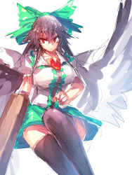 Rule 34 | 1girl, arm cannon, black hair, black thighhighs, bow, breasts, hair bow, hair ornament, highres, large breasts, long hair, melon22, red eyes, reiuji utsuho, shirt, short sleeves, sketch, skirt, solo, thighhighs, touhou, weapon, wings