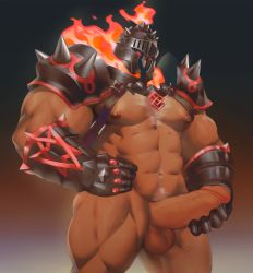 Rule 34 | 1boy, abs, absurdres, armor, bara, bare pectorals, bozi (17030417), chest hair, chest harness, erection, fire, gauntlets, glowing, glowing eyes, harness, helmet, highres, large pectorals, large penis, male focus, male masturbation, male pubic hair, masturbation, muscular, muscular male, navel, navel hair, nipples, pauldrons, pectorals, penis, pubic hair, red eyes, shoulder armor, solo, stomach, surtr (housamo), thick thighs, thighs, tokyo houkago summoners, uncensored