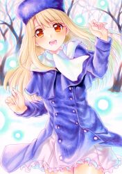 Rule 34 | 1girl, bare tree, blush, coat, cowboy shot, day, fate/stay night, fate (series), fur hat, grey hair, hachi78b, hands up, hat, highres, illyasviel von einzbern, looking at viewer, marker (medium), open mouth, outdoors, papakha, purple coat, purple hat, red eyes, scarf, smile, snow, solo, traditional media, tree, white scarf, winter, winter clothes