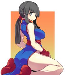 Rule 34 | 1girl, ass, bare shoulders, black hair, blue dress, bracer, breasts, chi-chi (dragon ball), china dress, chinese clothes, commentary request, dragon ball, dragon ball (classic), dragonball z, dress, from behind, grey eyes, kara age, large breasts, legs, looking at viewer, looking back, low ponytail, no panties, red footwear, sash, seiza, shoes, side slit, sidelocks, sitting, sleeveless, sleeveless dress, solo, thighs