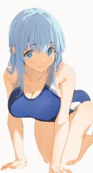 1girl all_fours bare_legs blue_eyes blue_hair blue_lotus_(flower_knight_girl) blue_one-piece_swimsuit blush breasts choppy_bangs cleavage collarbone competition_swimsuit flower_knight_girl large_breasts looking_at_viewer mole mole_under_each_eye mole_under_eye multiple_moles one-piece_swimsuit pisuta_(yamashiro) simple_background smile solo swimsuit white_background