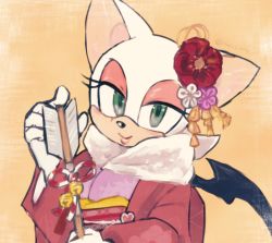 Rule 34 | 1girl, arrow (projectile), bat girl, commentary request, eyeshadow, flower, furry, furry female, green eyes, hair flower, hair ornament, japanese clothes, kimono, looking at viewer, makeup, obi, orange background, rouge the bat, sash, simple background, smile, solo, sonic (series), swacoro, upper body, wings, yukata