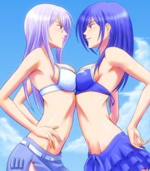 Rule 34 | 10s, 2girls, bikini, bikini top only, blue eyes, blue hair, bonnie (rsg), breast press, breasts, cardfight!! vanguard, cloud, day, earrings, eye contact, face-to-face, faceoff, hands on own hips, jewelry, long hair, looking at another, medium breasts, midriff, multiple girls, narumi asaka, outdoors, profile, purple eyes, purple hair, sky, smile, swimsuit, symmetrical docking, tokura misaki