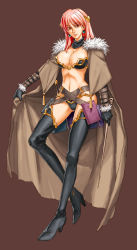 Rule 34 | 1girl, aoi subaru, armor, belt, belt skirt, bikini armor, boots, breasts, center opening, cleavage, earrings, jewelry, large breasts, long hair, midriff, mole, mole under eye, navel, pink hair, red eyes, solo, thigh boots, thighhighs, wand, witch
