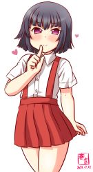 Rule 34 | 1girl, artist logo, black hair, commentary request, cosplay, cowboy shot, dated, finger to mouth, hanako-san (toire no hanako-san), hanako-san (toire no hanako-san) (cosplay), index finger raised, ishigaki (kancolle), kanon (kurogane knights), kantai collection, look-alike, looking at viewer, one-hour drawing challenge, red eyes, red skirt, short hair, simple background, skirt, solo, suspender skirt, suspenders, white background