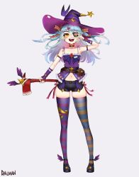 Rule 34 | 1girl, absurdres, asymmetrical legwear, axe, blush, breasts, dalman, eyepatch, fire axe, hair ribbon, hat, highres, last origin, looking at viewer, lrl (last origin), mismatched legwear, ribbon, short shorts, shorts, simple background, skindentation, smile, spaghetti strap, striped clothes, striped thighhighs, thighhighs, twintails, two side up, white background, witch hat, yellow eyes