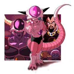 Rule 34 | 1girl, 4boys, absurdres, armor, artist name, beard, berryblue, black eyes, blue skin, cape, closed mouth, colored skin, dragon ball, dragon ball super, dragon ball super broly, energy, facial hair, freza, frieza, frieza clan, full body, highres, horns, incoming attack, kikono, king cold, king vegeta, lips, lipstick, makeup, male focus, multiple boys, muscular, open mouth, pointing, pointing at viewer, red cape, red eyes, saiyan armor, scouter, short hair, smile, standing, tail, yellow skin