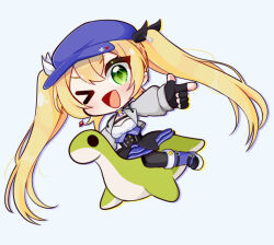 Rule 34 | &gt; o, 1girl, :d, blonde hair, blue dress, blue hat, chibi, cropped jacket, dokibird (vtuber), dress, etsuro, finger gun, fingerless gloves, gloves, green eyes, grey jacket, hat, indie virtual youtuber, jacket, looking at viewer, nessie (respawn), one eye closed, open clothes, open jacket, open mouth, pantyhose, riding, smile, twintails, virtual youtuber