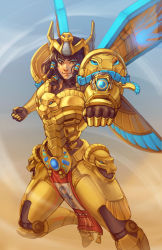Rule 34 | 1girl, aiming, aiming at viewer, alternate costume, arm cannon, asp pharah, black hair, brown eyes, clenched hands, commentary, dark-skinned female, dark skin, egyptian, english commentary, eye of horus, eyeshadow, facial tattoo, flying, grin, loincloth, makeup, mechanical wings, medium hair, overwatch, overwatch 1, pharah (overwatch), power suit, smile, solo, tattoo, thick eyebrows, weapon, whitney lanier, wings