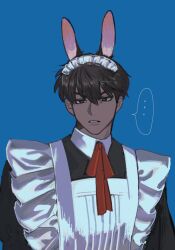 Rule 34 | ..., 1boy, animal ears, apron, blue background, bow, bowtie, brown eyes, brown hair, codename: anastasia, facing viewer, frilled apron, frills, highres, kwon taekjoo, looking at viewer, male focus, parted lips, rabbit ears, red bow, red bowtie, short hair, solo, spoken ellipsis, tan, teeth, upper body, white apron