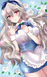 Rule 34 | 1girl, animal, apron, blue background, blue bow, blue hairband, blue skirt, blush, bow, breasts, brooch, bug, butterfly, closed mouth, collared shirt, corrin (female) (fire emblem), corrin (fire emblem), dress shirt, fire emblem, fire emblem fates, flower, frilled apron, frills, grey hair, hair between eyes, hair bow, hairband, hands up, highres, insect, jewelry, kirishima riona, long hair, looking at viewer, medium breasts, mole, mole under mouth, nintendo, pointy ears, red eyes, rose, shirt, skirt, smile, solo, very long hair, white apron, white flower, white rose, white shirt, wrist cuffs