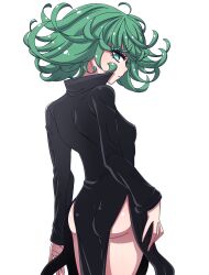 Rule 34 | 1girl, arms at sides, ass, back, black dress, breasts, closed mouth, cowboy shot, curly hair, dot mouth, dress, eyebrows, eyelashes, female focus, fingernails, green eyes, green hair, hanya (hanya yashiki), highres, long sleeves, looking at viewer, looking back, matching hair/eyes, medium hair, one-punch man, petite, profile, serious, simple background, small breasts, solo, standing, tatsumaki, wavy hair, white background