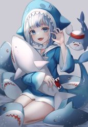 Rule 34 | 1girl, absurdres, animal costume, animal hood, bloop (gawr gura), blue eyes, blue hair, blue hoodie, blunt bangs, blush, breasts, claw pose, fins, fish tail, flat chest, gawr gura, gawr gura (1st costume), grey background, hand up, highres, hololive, hololive english, hood, hoodie, hugging doll, hugging object, long sleeves, looking at viewer, loyo, medium hair, multicolored hair, open mouth, seiza, shark costume, shark girl, shark hood, shark tail, sharp teeth, silver hair, sitting, small breasts, smile, streaked hair, stuffed animal, stuffed shark, stuffed toy, tail, teeth, virtual youtuber