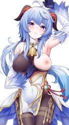 Rule 34 | 1girl, absurdres, ahoge, arm up, armpits, bare shoulders, bell, blue gloves, blue hair, blush, borushichi, breasts, brown pantyhose, chinese knot, clothes pull, covered navel, cowboy shot, detached sleeves, flower knot, ganyu (genshin impact), genshin impact, gloves, gold trim, highres, horns, long hair, looking at viewer, low ponytail, medium breasts, neck bell, nipples, one breast out, pantyhose, pulled by self, purple eyes, sidelocks, solo, standing, sweatdrop, tassel, thigh gap, thighlet, thighs, vision (genshin impact), white sleeves