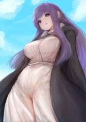 Rule 34 | 1girl, black coat, blue sky, blunt bangs, breasts, cloud, coat, commentary request, day, dress, fern (sousou no frieren), frilled dress, frills, large breasts, long hair, long sleeves, momiman skb, open clothes, open coat, outdoors, purple eyes, purple hair, sky, sousou no frieren, standing, white dress