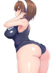 Rule 34 | 1girl, ass, black one-piece swimsuit, blush, breasts, brown eyes, brown hair, commentary request, from behind, hair between eyes, hairband, hand in own hair, highres, kantai collection, kurokoshou (emuburemu123), large breasts, looking at viewer, natori (kancolle), one-piece swimsuit, profile, school swimsuit, shiny swimsuit, short hair, simple background, solo, swimsuit, thighs, white background, white hairband
