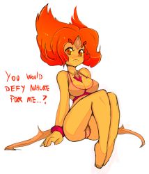Rule 34 | 1girl, adventure time, bare shoulders, barefoot, big hair, bikini, blush, bra, breasts, cleavage, colored sclera, colored skin, english text, feet together, fiery hair, fire, flame princess, forehead jewel, frown, jewelry, large breasts, long hair, multicolored eyes, necklace, orange eyes, orange skin, panties, pantyshot, red eyes, red hair, simple background, sitting, slugbox, solo, swimsuit, underwear, underwear only, white background, yellow eyes, yellow sclera