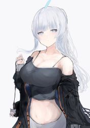 Rule 34 | 1girl, bare shoulders, black jacket, black shirt, bra strap, breasts, character request, cleavage, commentary request, copyright request, crop top, grey background, grey eyes, hand up, highres, jacket, large breasts, long hair, looking at viewer, midriff, navel, off shoulder, open clothes, open jacket, shirt, silver hair, simple background, solo, stomach, upper body, yu-dachi