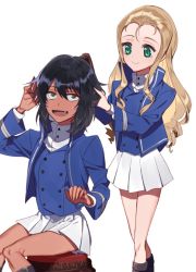 Rule 34 | 10s, 2girls, adjusting another&#039;s hair, andou (girls und panzer), bad id, bad twitter id, bc freedom military uniform, black footwear, black hair, blonde hair, blue jacket, blue vest, boots, brown eyes, brush, closed mouth, commentary, dark skin, dark-skinned female, dress shirt, drill hair, fang, forehead, girls und panzer, green eyes, brushing hair, high collar, holding, holding brush, jacket, knee boots, long hair, long sleeves, looking at another, looking back, marie (girls und panzer), military, military uniform, miniskirt, multiple girls, open mouth, pleated skirt, shirt, shutou mq, simple background, sitting, skirt, smile, standing, sweatdrop, uniform, vest, white background, white shirt, white skirt