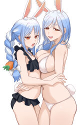 Rule 34 | 2girls, absurdres, animal ear fluff, animal ears, asymmetrical docking, bikini, blue hair, blush, braid, breast press, breasts, carrot hair ornament, food-themed hair ornament, hair ornament, highres, hololive, large breasts, long hair, mature female, miles2213x, mother and daughter, multicolored hair, multiple girls, open mouth, pekomama, rabbit ears, rabbit girl, red eyes, small breasts, swimsuit, thick eyebrows, twin braids, twintails, two-tone hair, usada pekora, virtual youtuber, white hair