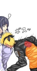 Rule 34 | 1boy, 1girl, artist request, blonde hair, breast smother, byakugan, cropped, face to breasts, head on chest, headband, hyuuga hinata, long hair, md5 mismatch, naruto, naruto (series), purple eyes, purple hair, resized, simple background, uzumaki naruto, white background