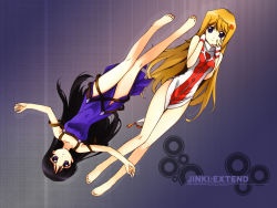 Rule 34 | 00s, 2girls, barefoot, black hair, blonde hair, copyright name, feet, hand on own face, hiiragi akao, hime cut, jinki, legs, looking at viewer, lying, multiple girls, outstretched arms, spread arms, tsunashima shirou, tsuzaki aoba, wallpaper