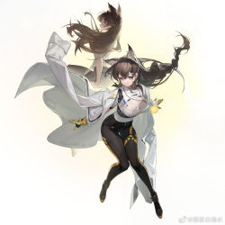 Rule 34 | 1girl, animal ear fluff, animal ears, breasts, brown hair, cleavage, cleavage cutout, clothing cutout, coat, coat on shoulders, commentary request, cube, full body, girls&#039; frontline, girls&#039; frontline neural cloud, gloves, hair ornament, jewelry, lab coat, large breasts, long hair, mo li baitao shui, necklace, prototype design, purple eyes, shirt, shoes, smile, turing (neural cloud), weibo watermark, white shirt, yellow gloves