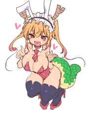 Rule 34 | 1girl, :d, animal ears, bare shoulders, black thighhighs, blonde hair, blush, breasts, cleavage, cool-kyou shinja, detached collar, dragon girl, dragon horns, dragon tail, full body, gradient hair, hair between eyes, hands up, heart, heart in mouth, high heels, highres, horns, kobayashi-san chi no maidragon, large breasts, large tail, leotard, long hair, looking at viewer, maid headdress, multicolored hair, necktie, open mouth, orange eyes, playboy bunny, rabbit ears, red footwear, red leotard, red necktie, simple background, slit pupils, smile, solo, squatting, tail, thighhighs, thighs, tohru (maidragon), twintails, white background, wrist cuffs