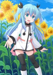 Rule 34 | 10s, 1girl, aqua eyes, black thighhighs, blue hair, blush, boots, bow, cloud, day, dress, flower, hair ribbon, highres, kazenokaze, long hair, long sleeves, looking at viewer, noel (sora no method), open mouth, outstretched hand, ribbon, sky, solo, sora no method, standing, sunflower, thighhighs, two side up, white dress, zettai ryouiki