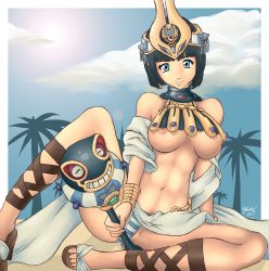 Rule 34 | 1girl, ancient princess menace, ankle lace-up, artist request, bare shoulders, black hair, blue eyes, breasts, cross-laced footwear, crown, earrings, egyptian, hat, high heels, highres, jewelry, large breasts, legs, lens flare, lips, menace (queen&#039;s blade), menace (queen's blade), midriff, panties, queen&#039;s blade, revealing clothes, sandals, setra, shoes, short hair, solo, striped clothes, striped panties, underboob, underwear