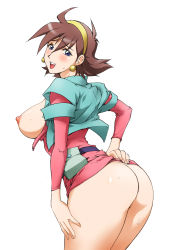 Rule 34 | 1990s (style), 1girl, arm behind back, ass, blue eyes, breasts, brown hair, clothes lift, cowboy shot, earrings, g gundam, gundam, highres, jewelry, kon-kit, large breasts, leaning forward, looking back, nipples, no panties, open clothes, open mouth, open shirt, rain mikamura, retro artstyle, shirt, short hair, sideboob, simple background, skirt, skirt lift, smile, solo, teeth, torn clothes, upper teeth only, white background