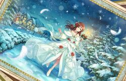 Rule 34 | 1girl, blue eyes, brown hair, building, bush, candle, dress, feathers, furusawa yoriko, game cg, idolmaster, idolmaster cinderella girls, idolmaster cinderella girls starlight stage, official art, snow, snowflakes, solo, tree, white dress