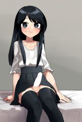 Rule 34 | 1boy, absurdres, bed, black eyes, black hair, black skirt, black thighhighs, blank censor, blush, censored, closed mouth, collarbone, commentary request, crossdressing, frilled sleeves, frills, grey background, highres, initsukkii, looking at viewer, on bed, original, penis, pleated skirt, shirt, simple background, sitting, skirt, smile, solo, sweat, testicles, thighhighs, trap, white shirt