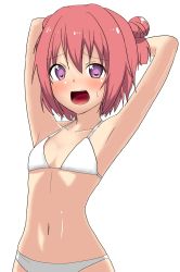 Rule 34 | 1girl, absurdres, akaza akari, armpits, bad id, bad pixiv id, bikini, blush, breasts, collarbone, female focus, highres, looking at viewer, navel, open mouth, purple eyes, red hair, simple background, small breasts, smile, solo, swimsuit, ultrayoru, white background, white bikini, yuru yuri