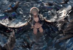 Rule 34 | 1girl, armor, bird, blurry, blurry foreground, cape, closed mouth, crow, depth of field, closed eyes, gauntlets, grey hair, hands on own hips, highres, holding, holding sword, holding weapon, original, pauldrons, rapier, rsef, shoulder armor, single gauntlet, solo, standing, sword, weapon
