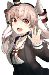 Rule 34 | 10s, 1girl, :d, absurdres, amatsukaze (kancolle), blush, brown eyes, choker, dress, fang, hair tubes, hairband, hat, headgear, highres, kantai collection, lifebuoy, long hair, long sleeves, looking at viewer, mini hat, open mouth, ranf, sailor collar, sailor dress, simple background, smile, solo, swim ring, tooth, two side up, upper body, waving, white background, white hair