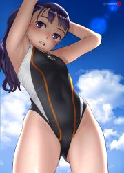 Rule 34 | 1girl, animal print, armpits, arms up, blue sky, breasts, cloud, commentary request, competition swimsuit, covered navel, cowboy shot, from below, gluteal fold, groin, highres, long hair, looking at viewer, mu-pyon, one-piece swimsuit, open mouth, original, outdoors, purple eyes, purple hair, sky, small breasts, solo, swimsuit