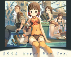 Rule 34 | 00s, 1boy, 2006, 3girls, bird, breasts, brown eyes, brown hair, cleavage, duck, from behind, hug, leaning forward, looking back, multiple girls, new year, original, short hair, shorts, sitting, small breasts, smile, syzluna, thighhighs, tougetsu gou, zettai ryouiki
