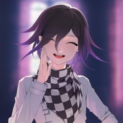 Rule 34 | 1boy, bad id, bad instagram id, blurry, blurry background, buttons, checkered clothes, checkered scarf, closed eyes, danganronpa (series), danganronpa v3: killing harmony, evil grin, evil smile, grin, hair between eyes, hand up, jacket, long hair, long sleeves, looking at viewer, male focus, ohisashiburi, open mouth, oma kokichi, pale skin, purple eyes, purple hair, scarf, short hair, sleeve cuffs, smile, solo, straitjacket, white jacket