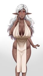 Rule 34 | 1girl, bare shoulders, blush, breasts, cleavage, collarbone, commentary, dark-skinned female, dark elf, dark skin, dress, elf, english commentary, gradient background, groin, hair between eyes, hand on own face, highres, huge breasts, lips, long hair, looking at viewer, mature female, mole, mole under mouth, no panties, original, parted bangs, pelvic curtain, pointy ears, red eyes, sideless outfit, silver hair, smile, solo, twrlare, wavy hair, white background, white dress