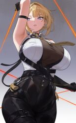 1girl arm_strap arm_up armpits artist_name bare_shoulders black_gloves blonde_hair blue_eyes breasts collared_shirt evelyn_chevalier gloves grey_background highres large_breasts mole mole_under_eye necktie nhaliz parted_lips shirt sleeveless sleeveless_shirt solo yellow_necktie zenless_zone_zero