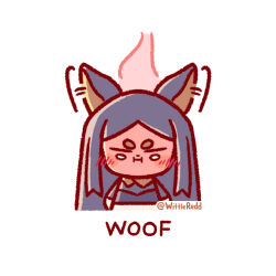 Rule 34 | 1girl, animal ears, arknights, black hair, blush, chibi, commentary, dobermann (arknights), dog ears, dog girl, ear wiggle, embarrassed, english commentary, english text, full-face blush, jacket, long hair, long sleeves, looking down, simple background, solo, twitter username, white background, wittle red