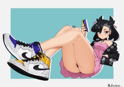 Rule 34 | 1girl, absurdres, ass, black hair, blue background, blue eyes, border, cellphone, choker, creatures (company), crossed legs, game freak, grey border, hair tie, hand in pocket, highres, jacket, l4wless, marnie (pokemon), nike (company), nintendo, phone, pokemon, pokemon swsh, shoes, sitting, skirt, smartphone, sneakers, solo, thong, twintails