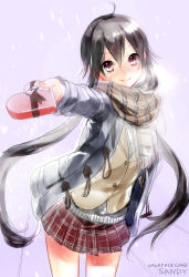 Rule 34 | &gt;:), 1girl, ahoge, black hair, blazer, box, cardigan, character request, coat, cowboy shot, didi amen, gift, gift box, hair between eyes, heart, highres, jacket, long hair, long sleeves, open clothes, open coat, outstretched arm, plaid, plaid scarf, plaid skirt, pleated skirt, red eyes, scarf, shinsou!! valkyrie card, short hair with long locks, sidelocks, sketch, skirt, solo, v-shaped eyebrows, valentine, very long hair