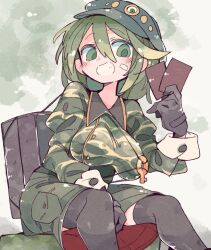 Rule 34 | 1girl, :d, bandaid, bandaid on face, box on back, breasts, camouflage, card, feet out of frame, gloves, green eyes, green hair, grey background, grin, hair between eyes, hat, highres, holding, holding card, key, large breasts, looking at viewer, massakasama, medium hair, open mouth, pocket, simple background, sitting, skirt, smile, solo, teeth, thighhighs, touhou, yamashiro takane