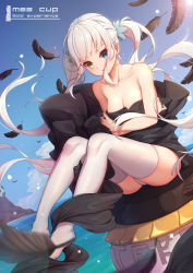 Rule 34 | 1girl, absurdres, bare arms, bare shoulders, black dress, blue eyes, blue sky, breasts, chinese commentary, cleavage, clothes lift, collarbone, commentary request, day, dress, dress lift, feathers, floating hair, full body, heterochromia, highres, horizon, kagura gumi, kagura mea, long hair, looking at viewer, medium breasts, no shoes, ocean, outdoors, panties, pantyshot, parted lips, pillar, sidelocks, sitting, sky, solo, strapless, strapless dress, sun, sunlight, thighhighs, twintails, underwear, upskirt, very long hair, virtual youtuber, white hair, white thighhighs, wind, wind lift, yan mian, yellow eyes